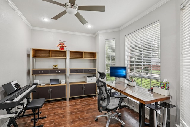 8729 Somerville Way, Plano, TX 75025 - home office featuring dark wood-style floors, ceiling fan, healthy amount of natural light, crown molding, and recessed lighting