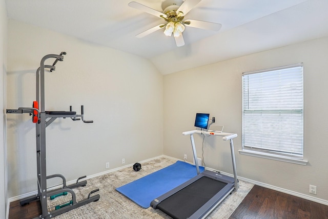 8729 Somerville Way, Plano, TX 75025 - workout room featuring a ceiling fan and vaulted ceiling
