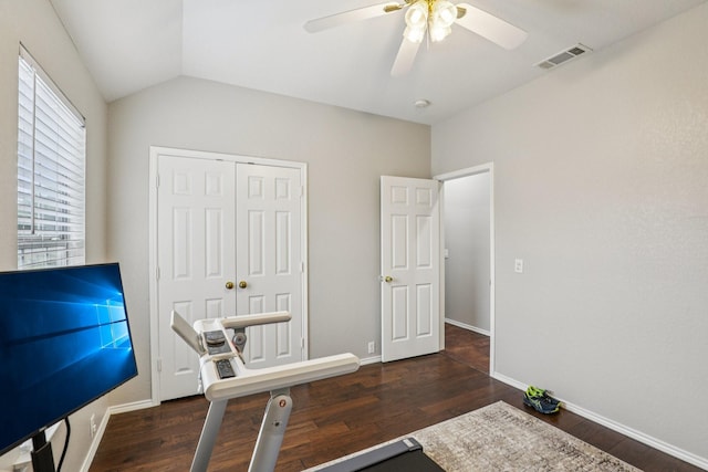 8729 Somerville Way, Plano, TX 75025 - unfurnished office featuring wood finished floors, ceiling fan, and vaulted ceiling
