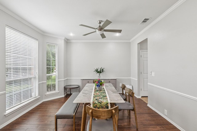 8729 Somerville Way, Plano, TX 75025 - dining area featuring wood finished floors, crown molding, ceiling fan, and recessed lighting