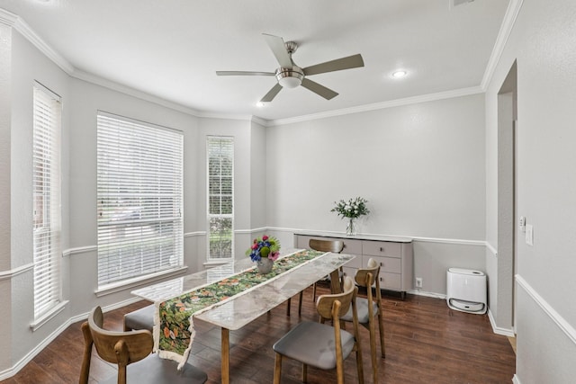 8729 Somerville Way, Plano, TX 75025 - dining space featuring ceiling fan, dark wood finished floors, crown molding, and recessed lighting