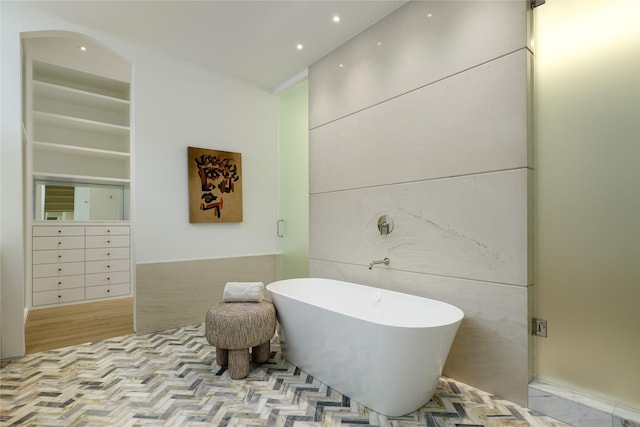 3626 Edgewater St, Dallas, TX 75205 - bathroom with a freestanding tub, recessed lighting, and wood finished floors