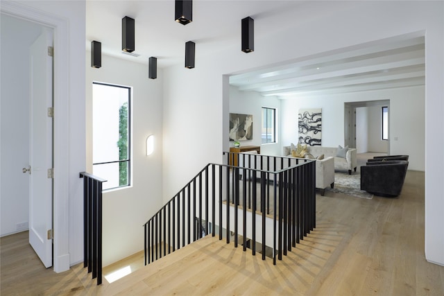 3626 Edgewater St, Dallas, TX 75205 - stairway featuring wood finished floors and beam ceiling
