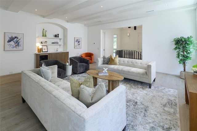 3626 Edgewater St, Dallas, TX 75205 - living area featuring beamed ceiling, wood finished floors, and recessed lighting