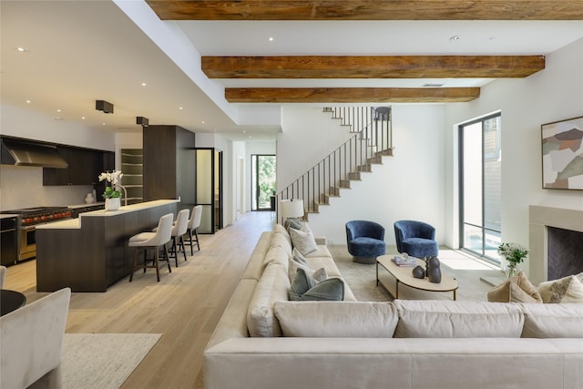 3626 Edgewater St, Dallas, TX 75205 - living room with light wood-style floors, beam ceiling, stairs, and recessed lighting