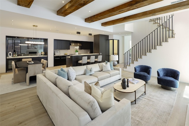 3626 Edgewater St, Dallas, TX 75205 - living room featuring light wood finished floors, wet bar, beam ceiling, stairway, and recessed lighting