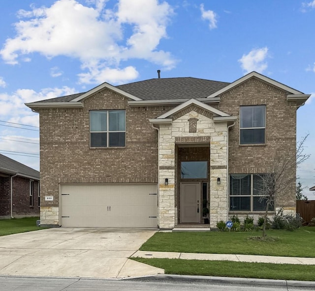 200 Tanager Dr, Rhome, TX 76078 - view of front of house with stone siding, an attached garage, concrete driveway, a front yard, and a shingled roof