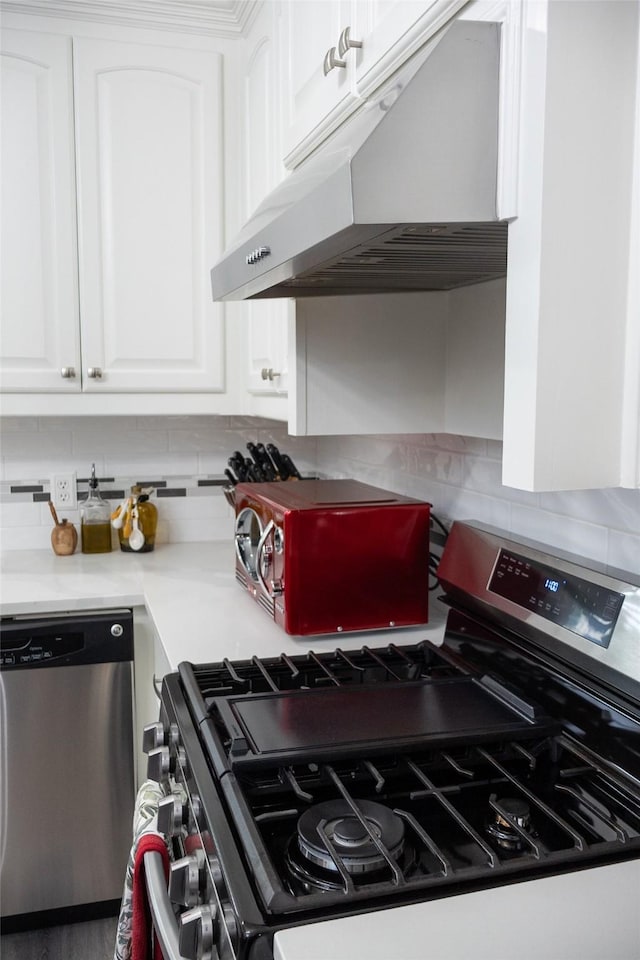 305 Shepherd Ln, Royse City, TX 75189 - kitchen featuring stainless steel appliances, under cabinet range hood, tasteful backsplash, white cabinetry, and light countertops