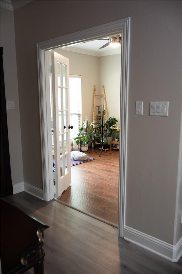 305 Shepherd Ln, Royse City, TX 75189 - doorway to outside featuring ornamental molding, wood finished floors, a ceiling fan, and french doors