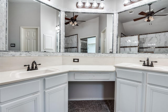 1403 Bosher Dr, Cedar Hill, TX 75104 - bathroom featuring a ceiling fan, vanity, and a shower