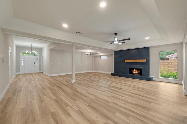 809 Havenwood Ln S, Fort Worth, TX 76112 - unfurnished living room with recessed lighting, light wood finished floors, a fireplace, and ceiling fan