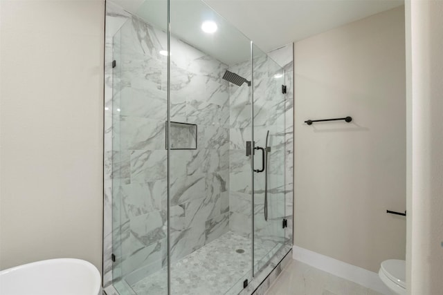 809 Havenwood Ln S, Fort Worth, TX 76112 - full bath featuring marble look tile flooring, a marble finish shower, a freestanding bath, and recessed lighting