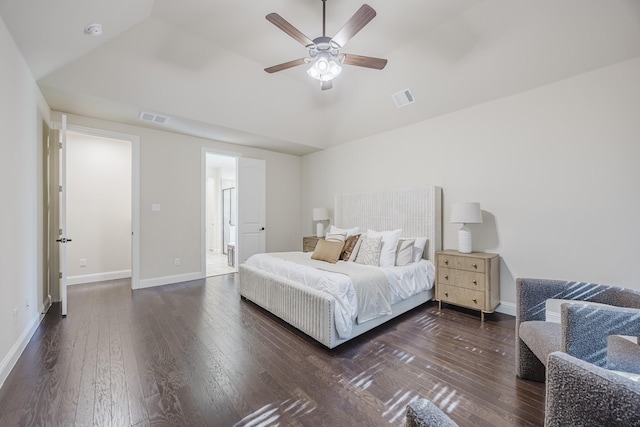 6913 Chisholm Trl, North Richland Hills, TX 76182 - bedroom with wood-type flooring, vaulted ceiling, and a ceiling fan
