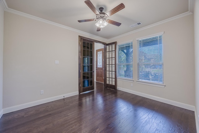 6913 Chisholm Trl, North Richland Hills, TX 76182 - unfurnished room featuring french doors, ornamental molding, wood finished floors, and ceiling fan