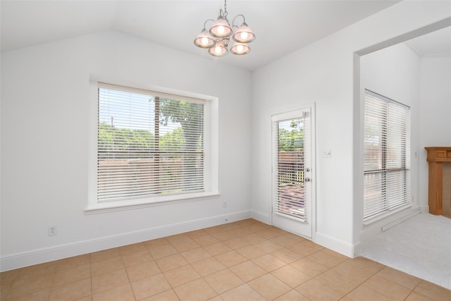 3217 Hidden Springs Dr, Corinth, TX 76210 - unfurnished room featuring a chandelier, light tile patterned flooring, and vaulted ceiling