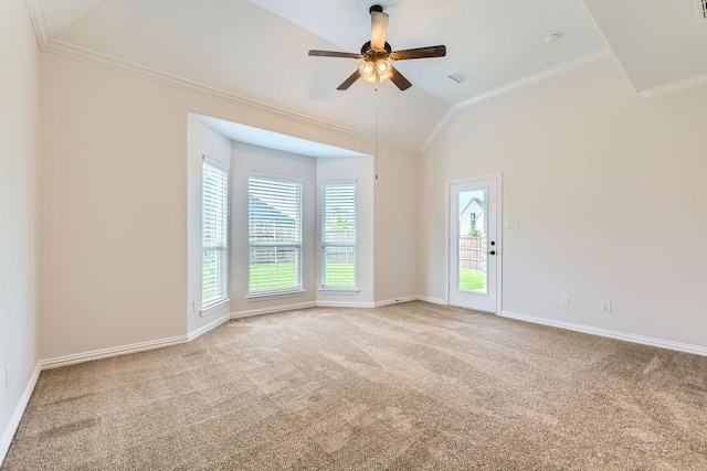 140 Godstone Ln, Prosper, TX 75078 - carpeted spare room featuring lofted ceiling, crown molding, and a ceiling fan