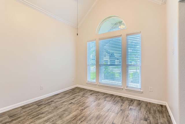 140 Godstone Ln, Prosper, TX 75078 - unfurnished room with crown molding, wood finished floors, and high vaulted ceiling