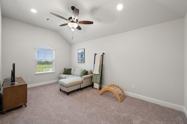 458 Red Maple Rd, Waxahachie, TX 75165 - living area featuring ceiling fan, light carpet, vaulted ceiling, and recessed lighting