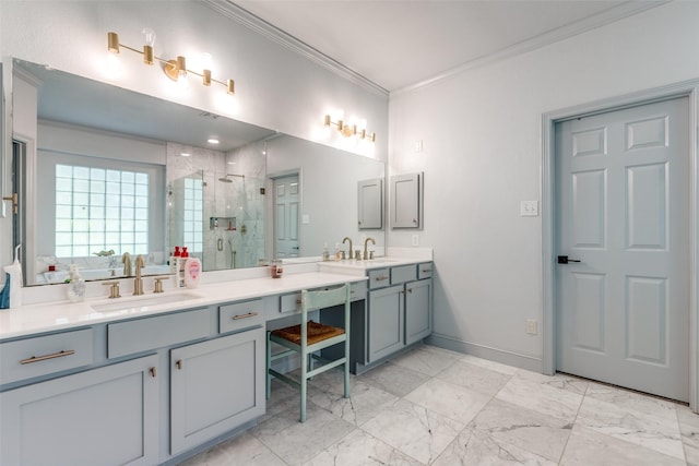 200 Stone Hollow Ct, Prosper, TX 75078 - bathroom featuring double vanity, marble look tile flooring, a shower stall, and crown molding