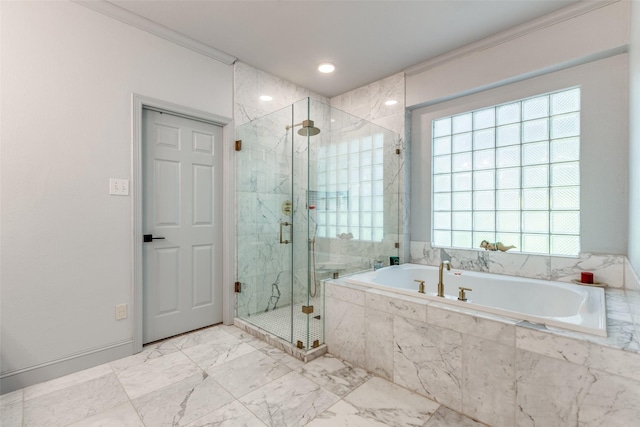 200 Stone Hollow Ct, Prosper, TX 75078 - full bathroom featuring a garden tub, a marble finish shower, marble finish floors, and ornamental molding
