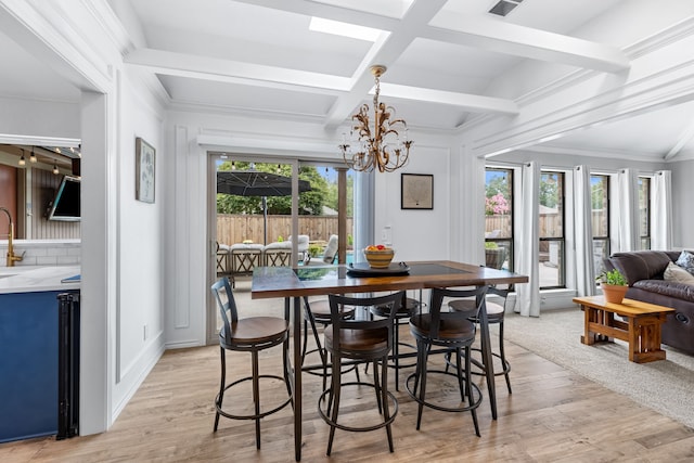 2301 Coleshire Dr, Plano, TX 75075 - dining room featuring a chandelier, light wood finished floors, beam ceiling, ornamental molding, and coffered ceiling