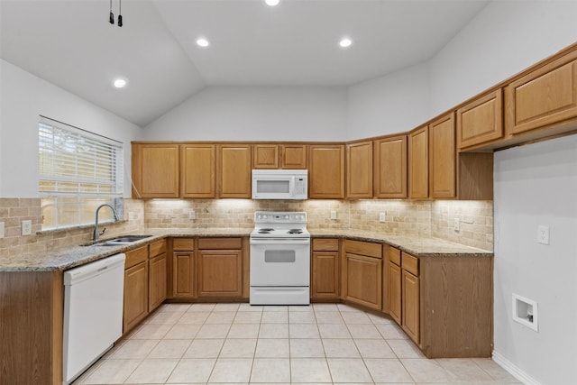 8128 Hosta Way, Fort Worth, TX 76123 - kitchen featuring white appliances, light stone counters, tasteful backsplash, vaulted ceiling, and recessed lighting