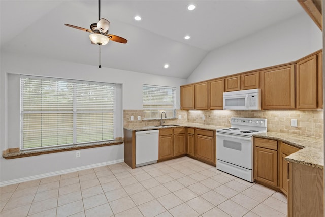8128 Hosta Way, Fort Worth, TX 76123 - kitchen featuring white appliances, vaulted ceiling, tasteful backsplash, light stone countertops, and a ceiling fan