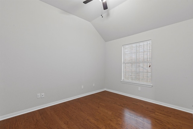 8128 Hosta Way, Fort Worth, TX 76123 - empty room with a ceiling fan, lofted ceiling, and dark wood-style flooring