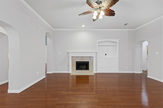 8128 Hosta Way, Fort Worth, TX 76123 - unfurnished living room with a ceiling fan, crown molding, wood finished floors, recessed lighting, and a fireplace