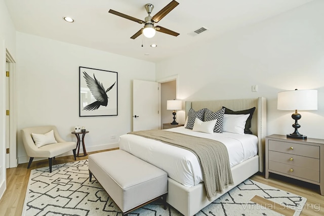 1847 Summit Ave Unit 2B, Dallas, TX 75206 - bedroom with light wood-style flooring, recessed lighting, and a ceiling fan
