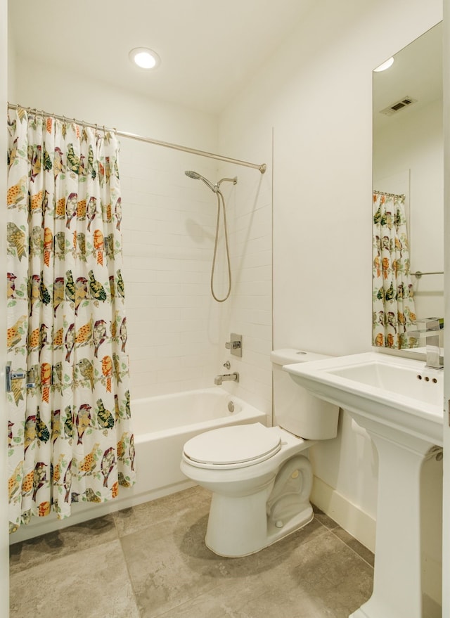 1847 Summit Ave Unit 2B, Dallas, TX 75206 - bathroom with shower / bathtub combination with curtain, tile patterned floors, and recessed lighting