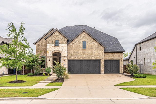 2150 Bristlegrass Rd, Frisco, TX 75033 - french provincial home with brick siding, an attached garage, concrete driveway, a shingled roof, and stone siding