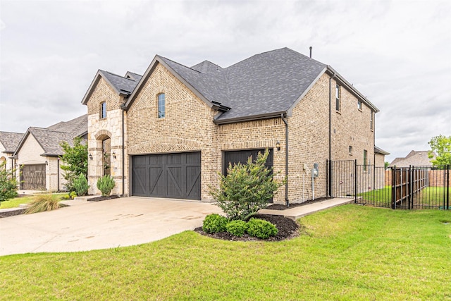 2150 Bristlegrass Rd, Frisco, TX 75033 - french provincial home with an attached garage, brick siding, driveway, and a shingled roof