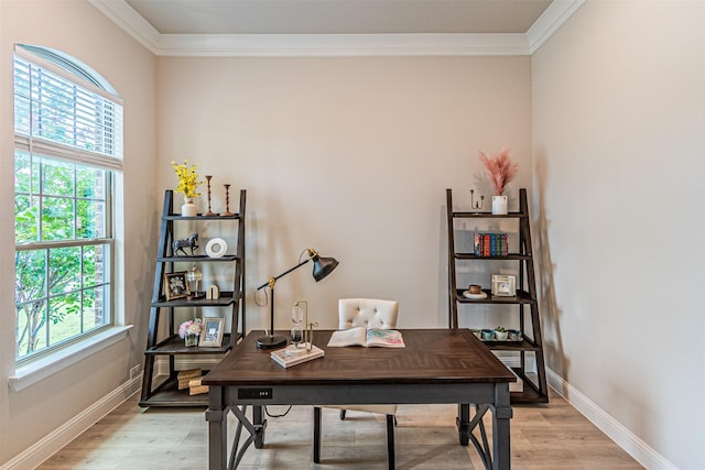 2150 Bristlegrass Rd, Frisco, TX 75033 - office area with plenty of natural light, ornamental molding, and light wood-type flooring
