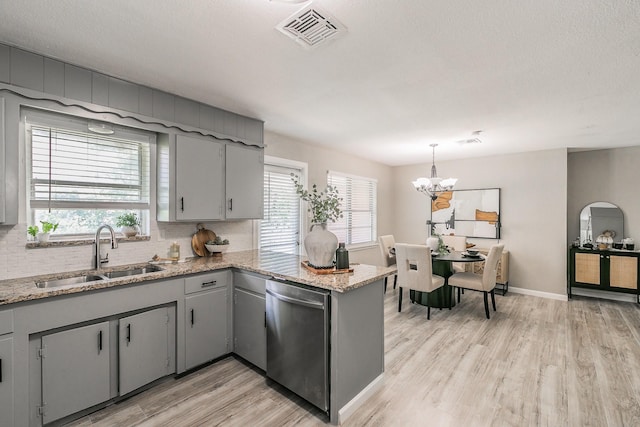5909 Eisenhower Dr, Fort Worth, TX 76112 - kitchen with stainless steel dishwasher, gray cabinets, a peninsula, and light wood-type flooring
