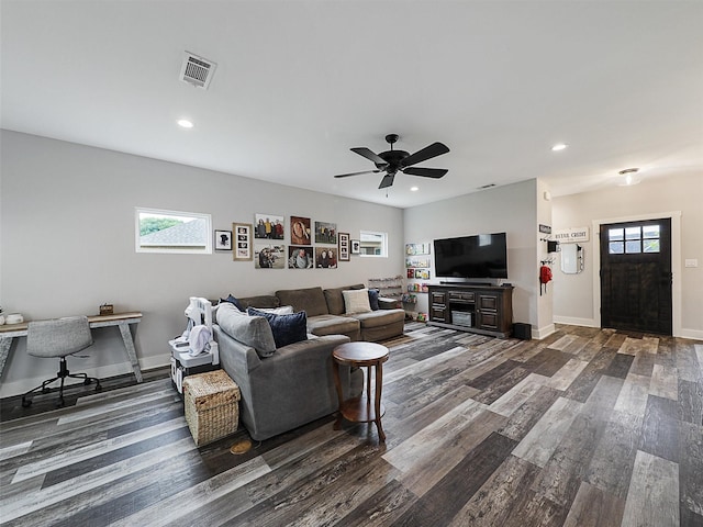 403 Sonoma Ct, Sherman, TX 75092 - living area featuring dark wood finished floors, recessed lighting, an office area, and a ceiling fan