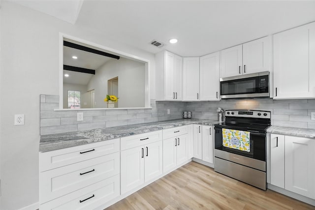 633 S Waxahachie St, Mansfield, TX 76063 - kitchen featuring appliances with stainless steel finishes, tasteful backsplash, white cabinetry, light wood-style floors, and recessed lighting