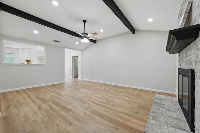 633 S Waxahachie St, Mansfield, TX 76063 - unfurnished living room with a brick fireplace, ceiling fan, light wood-style flooring, and recessed lighting