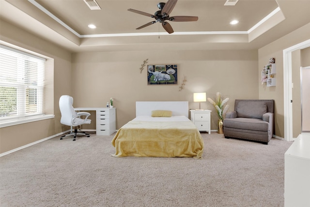2104 Turtlecreek, Denison, TX 75020 - bedroom featuring a tray ceiling, carpet, crown molding, recessed lighting, and a ceiling fan