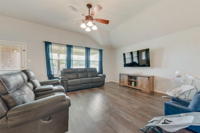 104 Singleton Dr, Royse City, TX 75189 - living room featuring ceiling fan, wood finished floors, and vaulted ceiling