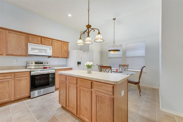 104 Singleton Dr, Royse City, TX 75189 - kitchen featuring white appliances, light countertops, pendant lighting, a center island, and recessed lighting