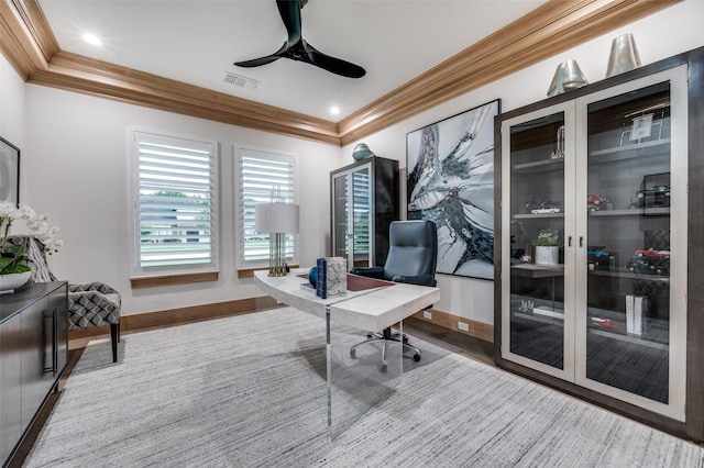 2110 Honey Ln, Celina, TX 75009 - home office featuring ornamental molding and a ceiling fan