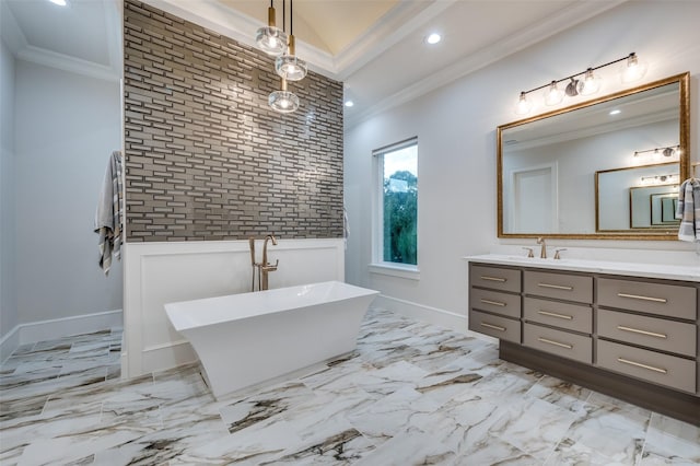 2110 Honey Ln, Celina, TX 75009 - full bathroom featuring ornamental molding, vanity, a freestanding tub, recessed lighting, and an accent wall