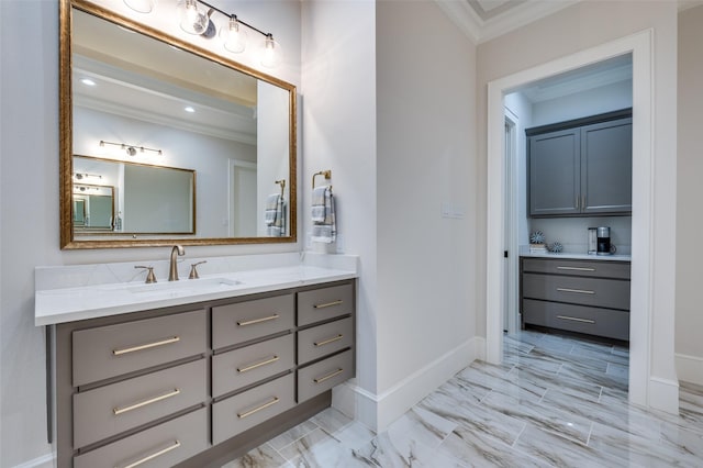 2110 Honey Ln, Celina, TX 75009 - bathroom featuring ornamental molding, vanity, and marble look tile flooring
