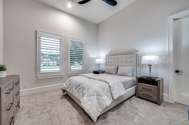 2110 Honey Ln, Celina, TX 75009 - bedroom featuring light carpet, high vaulted ceiling, and a ceiling fan