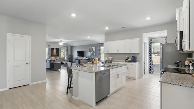 1517 Cansler Dr, Denton, TX 76249 - kitchen featuring stainless steel appliances, healthy amount of natural light, white cabinetry, and recessed lighting