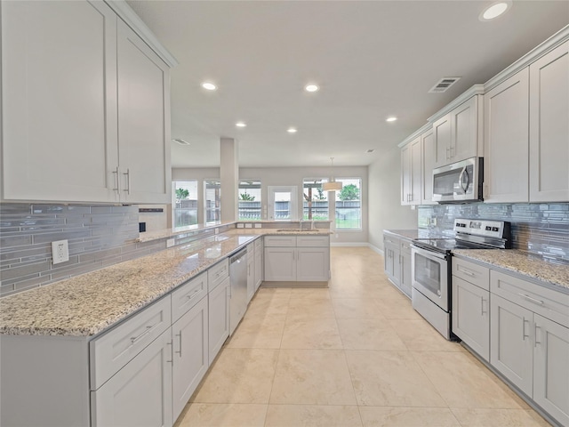 1034 Pelican Dr, Frisco, TX 75033 - kitchen featuring stainless steel appliances, a peninsula, healthy amount of natural light, recessed lighting, and tasteful backsplash