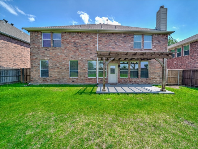1034 Pelican Dr, Frisco, TX 75033 - back of house featuring a pergola, a fenced backyard, a chimney, a patio, and brick siding