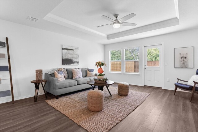 1105 Trace Dr, Aubrey, TX 76227 - living area featuring a tray ceiling, wood finished floors, and ceiling fan