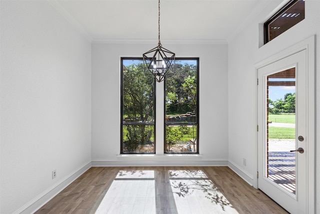 805 S Duncan Creek Ct, Weatherford, TX 76087 - unfurnished dining area with a chandelier, ornamental molding, and wood finished floors